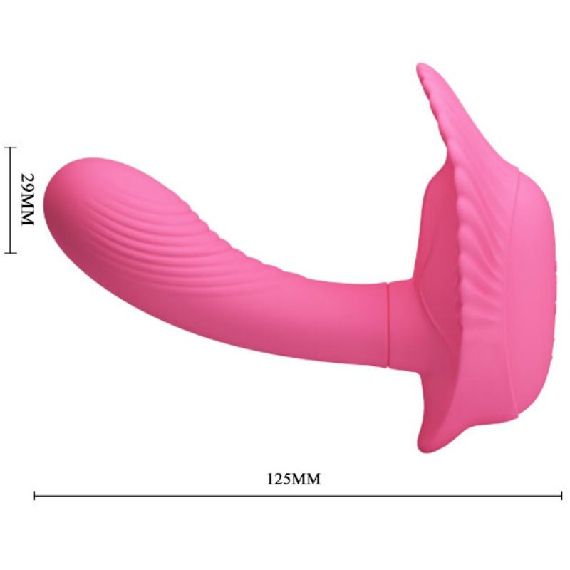 Rosa, geschwungenes Silikon-Adult-Toy vor weißem Hintergrund mit Maßlinien von 29 mm Breite und 125 mm Länge.