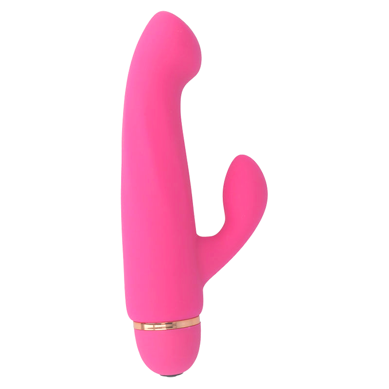 Un juguete de color rosa con forma ergonomica sobre fondo blanco con detalles en oro rosa.