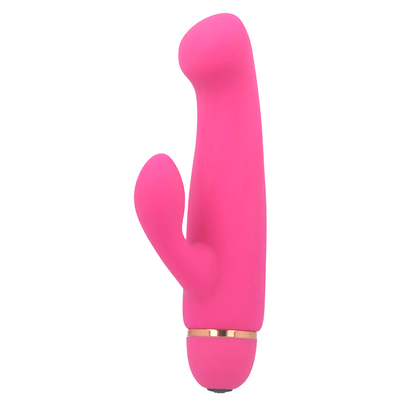 Un vibrador de silicona rosa y liso con un brazo lateral y un anillo dorado en la base sobre un fondo blanco.