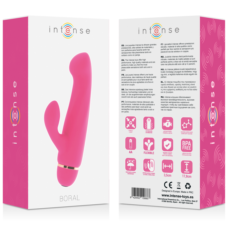 Vibrador íntimo Boral rosa en caja blanca y rosa con información.