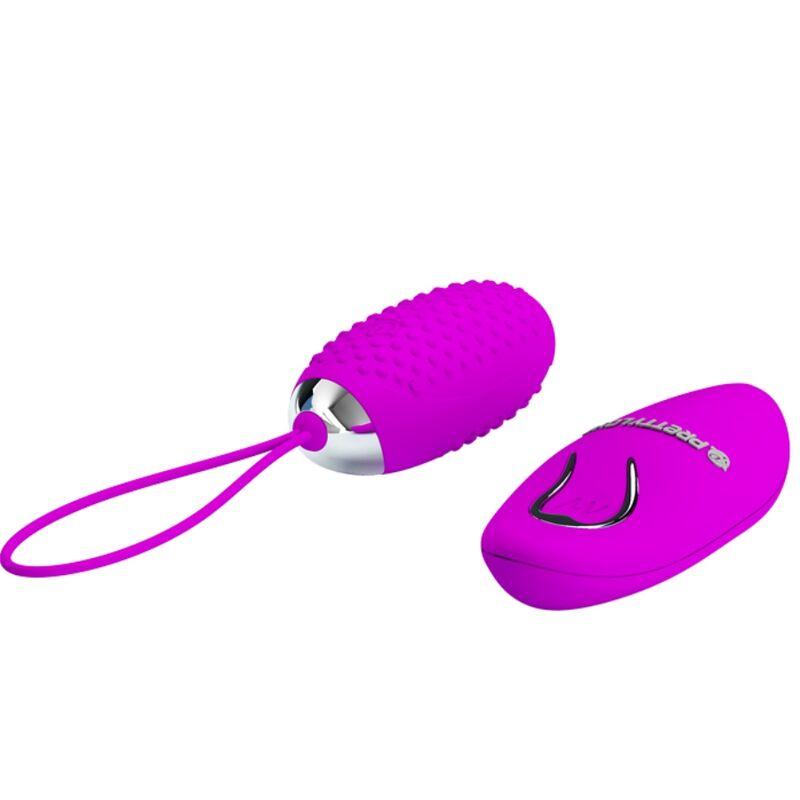 Ein violettes Massagegerät mit strukturierter Oberfläche und separater Fernbedienung vor weißem Hintergrund.