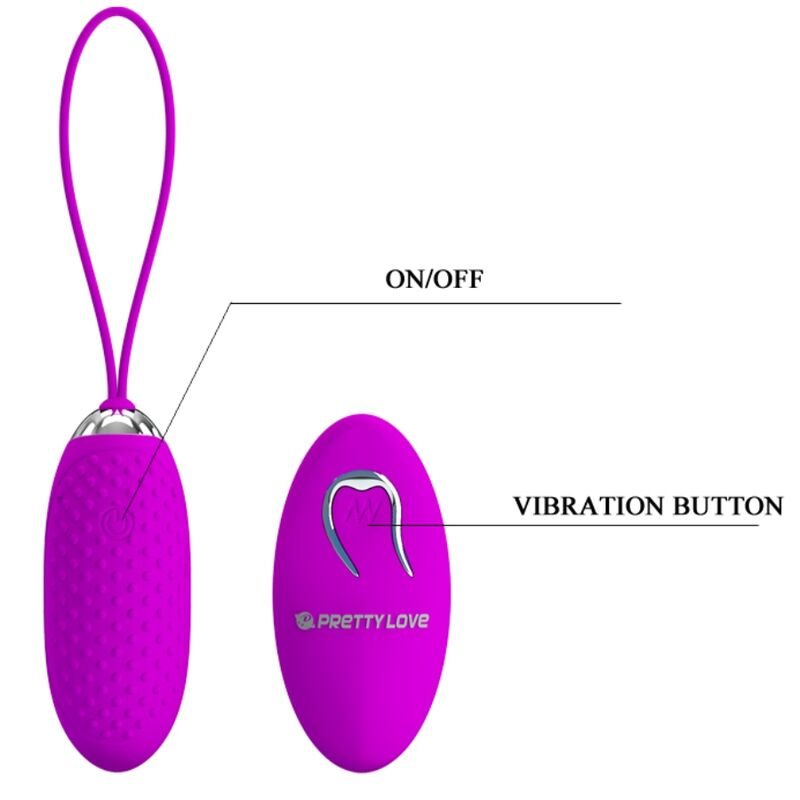 Violettes Vibrationsspielzeug mit einer Aufhängeschlaufe und gekennzeichneten Tasten für On/Off und Vibration.