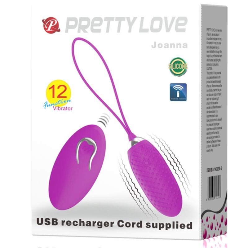 Produktverpackung eines lila Pretty Love Joanna 12-Funktions-Vibrators mit Fernbedienung und USB-Kabel.