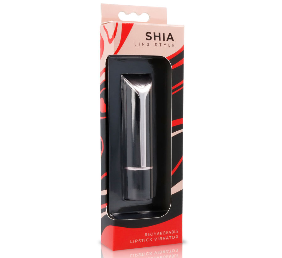 Eine schwarze und rosafarbene Verpackung für einen wiederaufladbaren Lippenstift-Vibrator.