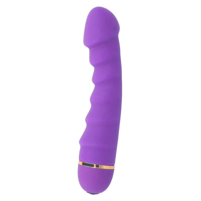 Un juguete sexual morado con un eje ondulado y un anillo dorado cerca de la base sobre fondo blanco.