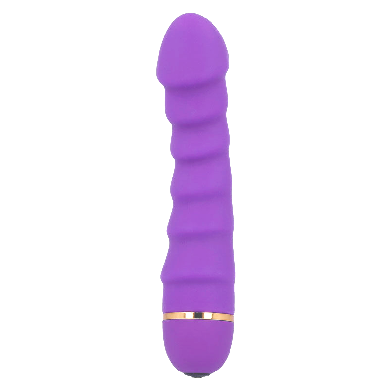 Juguete sexual morado y acanalado con un anillo dorado sobre fondo blanco.