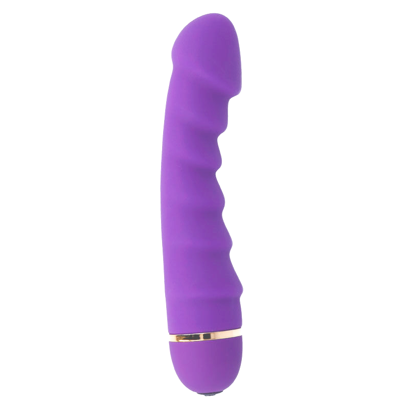 Juguete sexual morado curvado con textura ondulada y anillo dorado sobre fondo blanco.