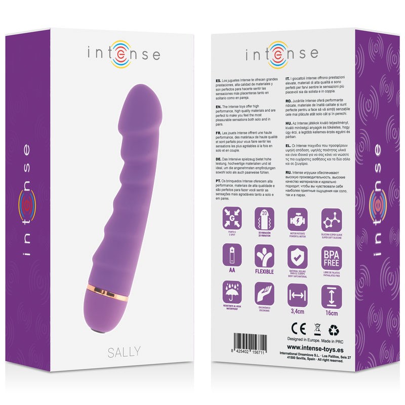 Caja de embalaje para un vibrador de silicona morado y curvado llamado Sally, con detalles e iconos.