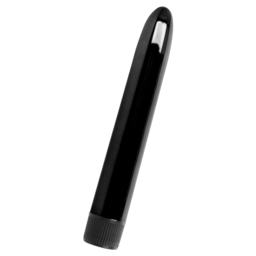 Un vibrador negro brillante con una base estriada sobre fondo blanco.