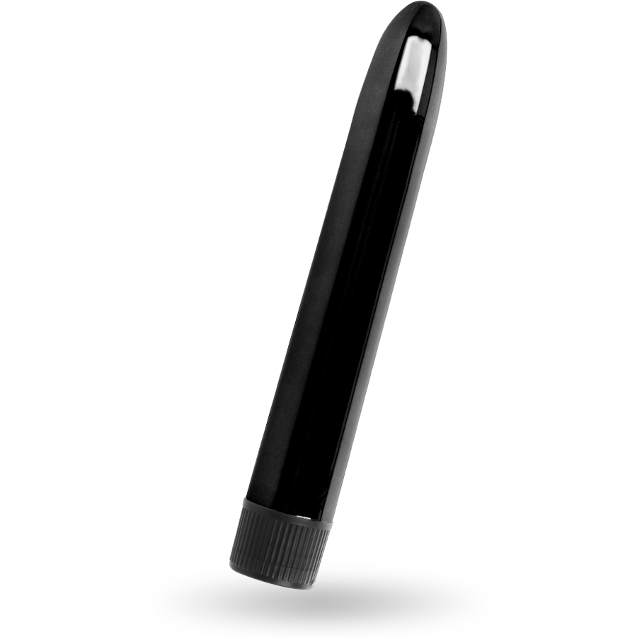 Un juguete para adultos cilíndrico, negro y elegante, con punta redondeada sobre fondo blanco.
