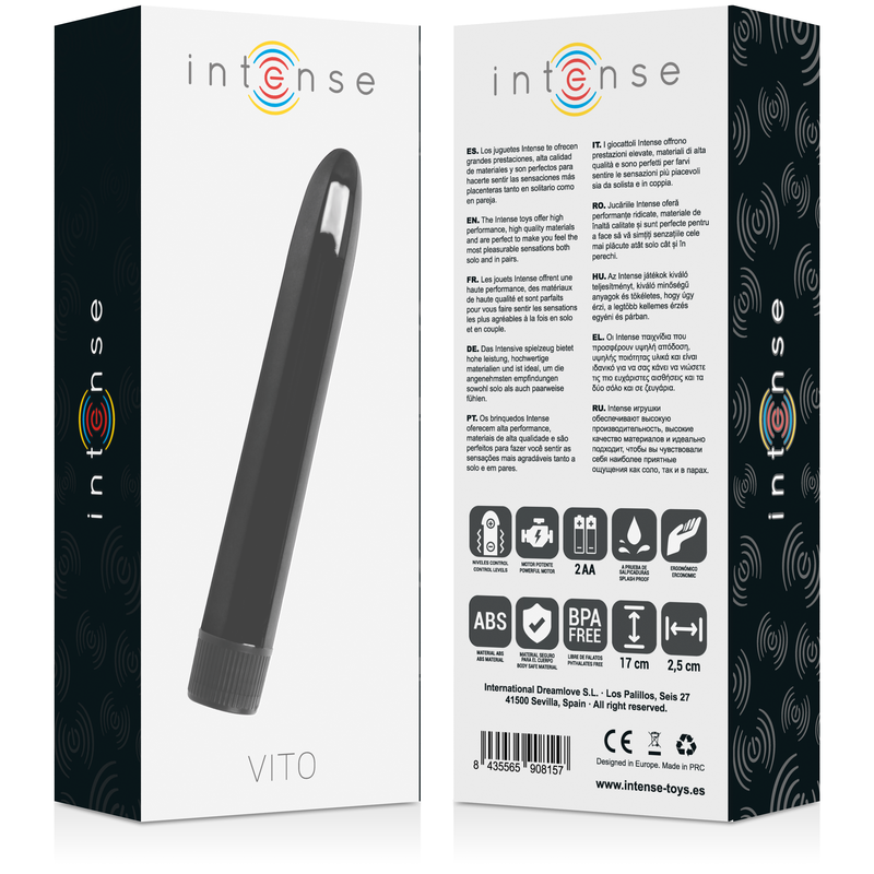 Caja de embalaje blanca y negra para un vibrador Intense Vito, mostrando características y especificaciones.