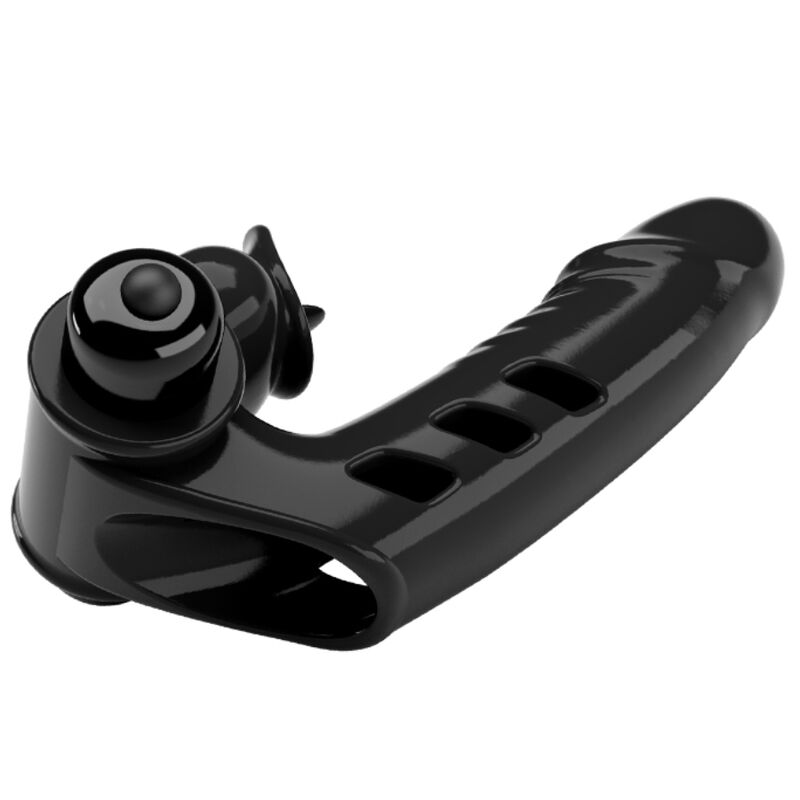 Ein schwarzes, ergonomisches Sexspielzeug mit glänzender Oberfläche und mehreren Öffnungen auf weißem Hintergrund.