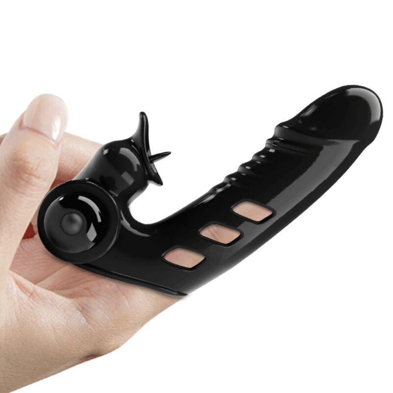 Eine Hand hält ein ergonomisch geformtes, schwarzes Intimspielzeug gegen einen weißen Hintergrund.