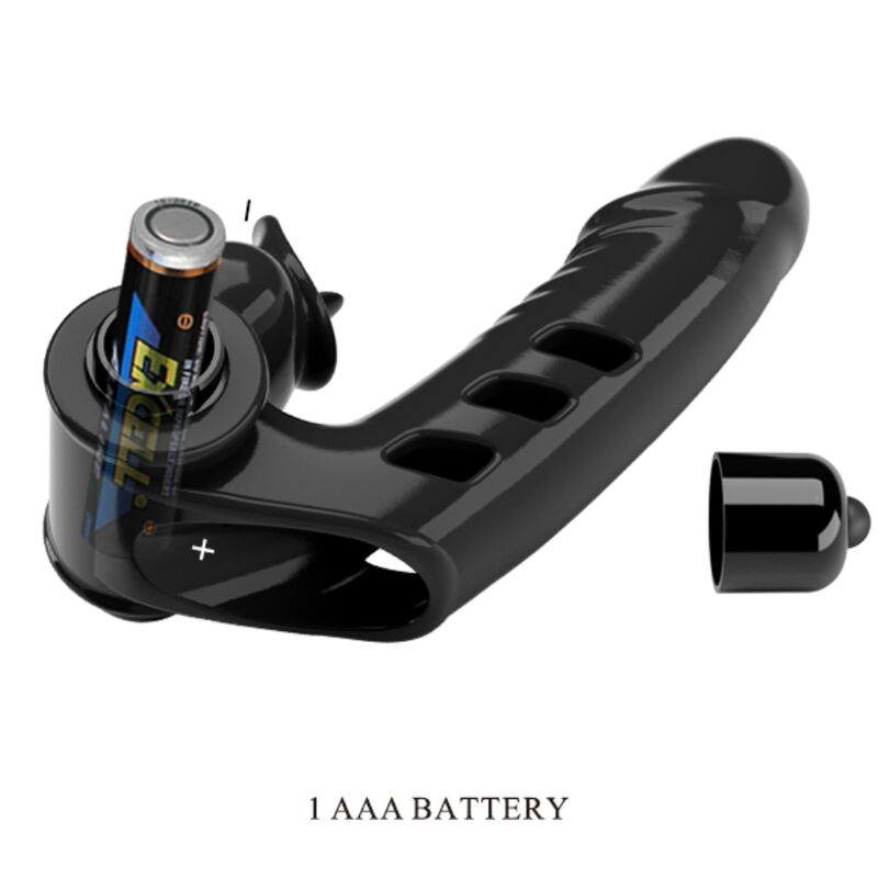 Schwarzes L-förmiges Massagegerät mit einer offenen Batteriekammer für eine AAA-Batterie und abnehmbarer Kappe.
