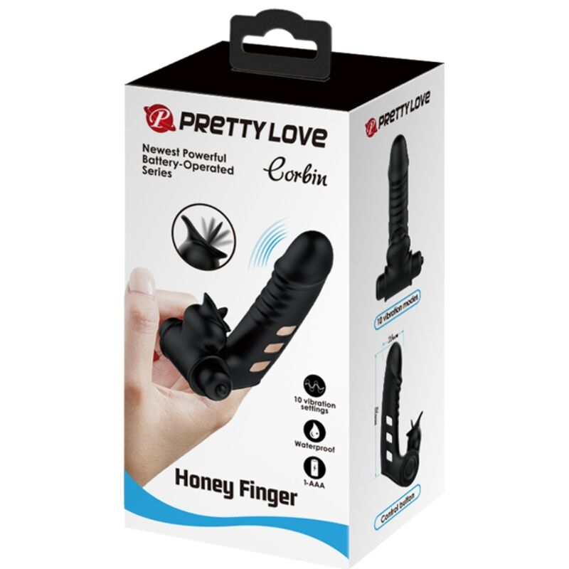 Verpackung für Pretty Love Honey Finger schwarzes Sexspielzeug mit Produktmerkmalen und Hand.