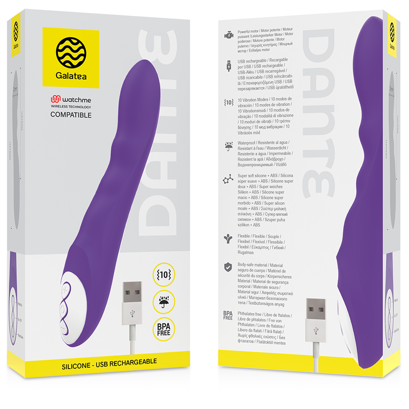 Embalaje y vista trasera de un vibrador de silicona morado con cable USB y detalles.
