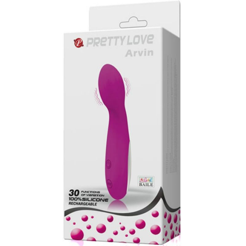 Caja blanca con foto del producto Pretty Love Arvin y vibrador rosa.