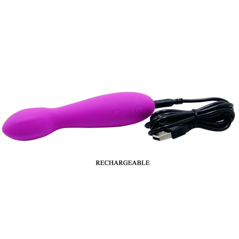 Un vibrador tipo varita púrpura y recargable con un cable de carga USB negro adjunto sobre fondo blanco.