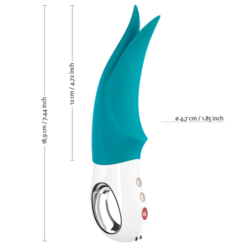 Juguete para adultos turquesa y blanco con líneas de medida: altura 18,9 cm, anchura 4,7 cm.