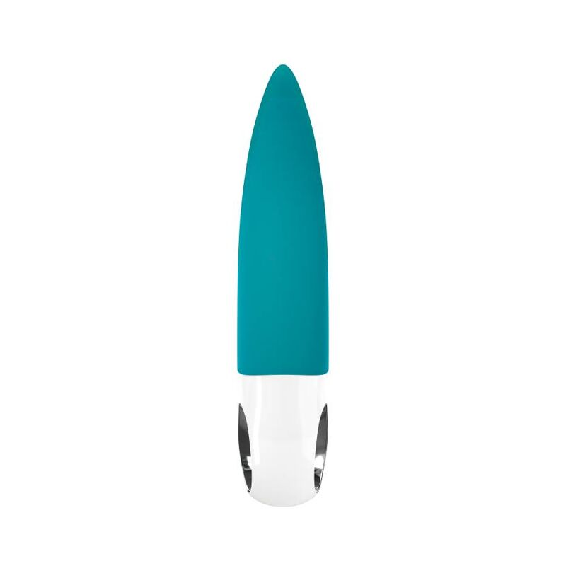 Un vibrador bala de color turquesa y blanco sobre un fondo blanco.