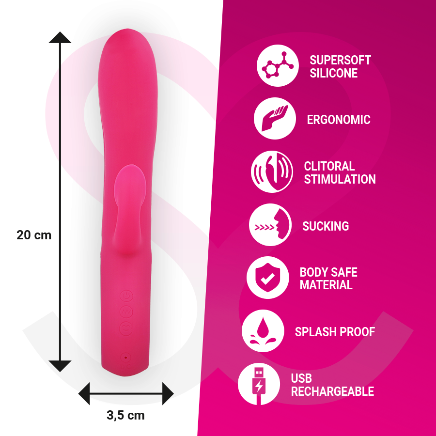 Juguete sexual rosa de 20 cm por 3,5 cm, con iconos que destacan características como silicona y carga USB.