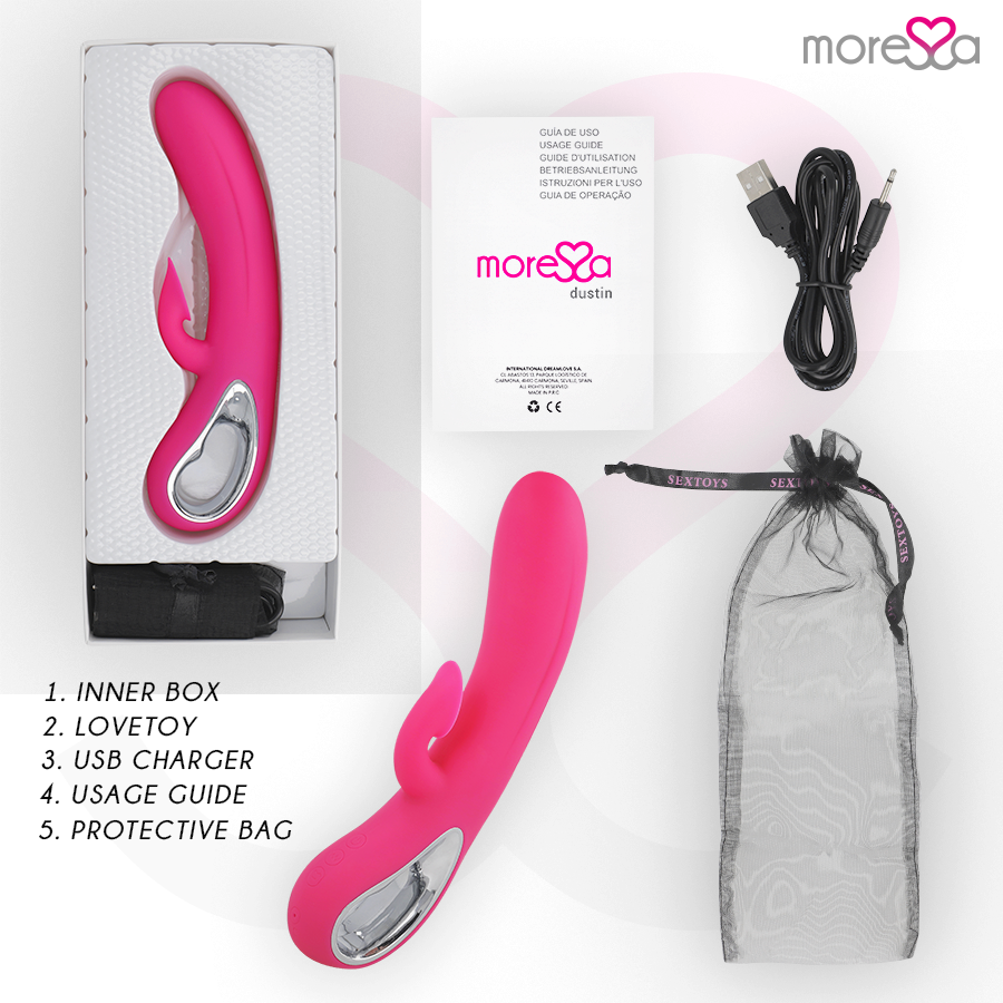Juguete sexual rosa, caja, cable USB, manual y bolsa de almacenamiento sobre fondo blanco.