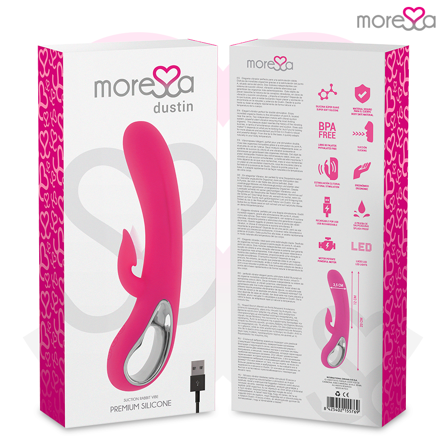 Vibrador de conejo rosa junto a su caja blanca con iconos y detalles.