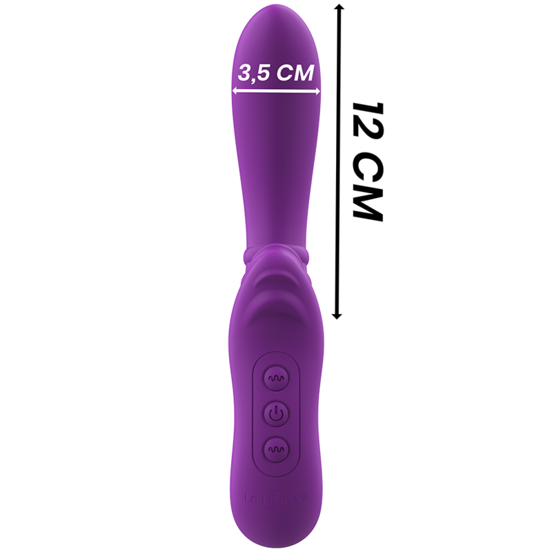 Juguete sexual vibratorio morado con botones y dimensiones de 3,5 cm y 12 cm sobre fondo blanco.