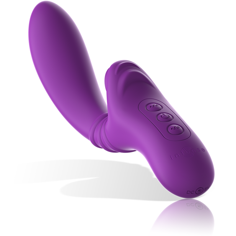 Un dispositivo de bienestar morado y ergonómico con tres botones de control y un puerto de carga.