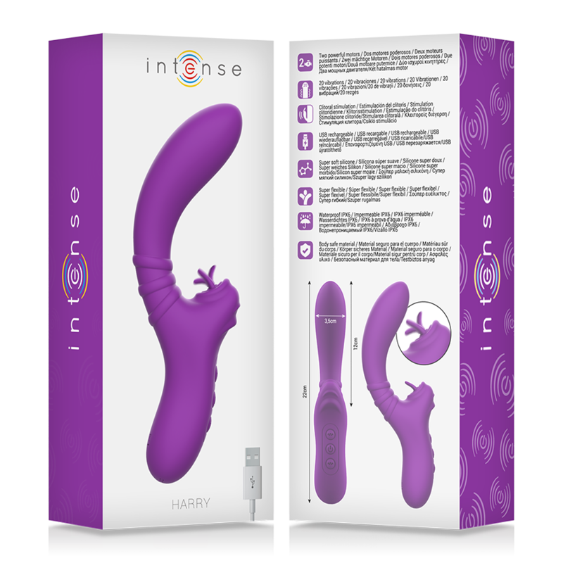Empaque morado para el juguete adulto Harry, con imágenes, características y dimensiones sobre un fondo blanco.