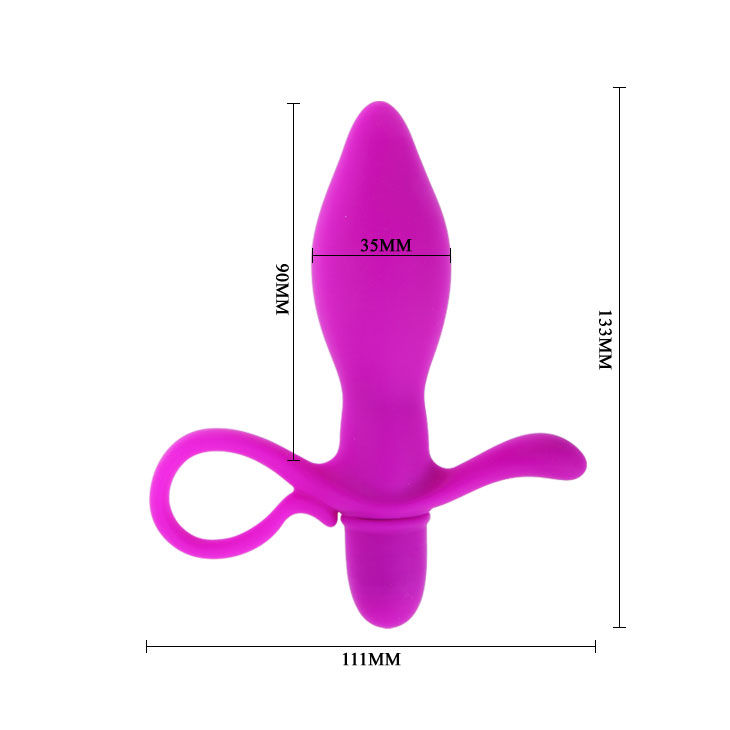 Juguete sexual morado con etiquetas de dimensiones sobre fondo blanco.