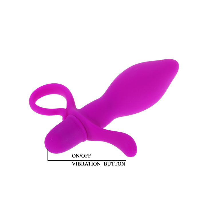 Un juguete sexual de silicona morada con un bucle, una parte de inserción cónica y un botón de vibración.