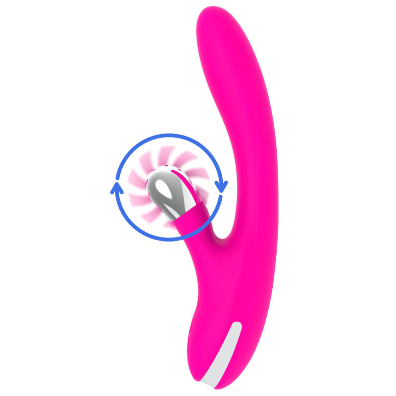 Ein pinkes Vibrator-Spielzeug mit rotierendem Silberkopf und blauen Pfeilen auf weißem Grund.