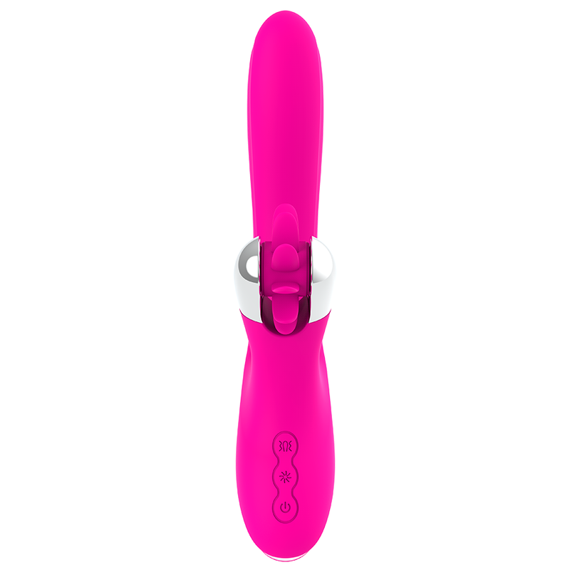 Ein pinkfarbener Vibrator mit silbernen Details und drei Kontrolltasten.