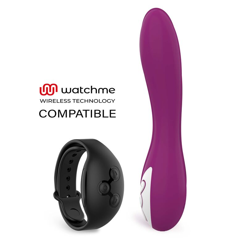 Dispositivo vibrador morado y pulsera de control negra con logo de tecnología inalámbrica en fondo blanco.