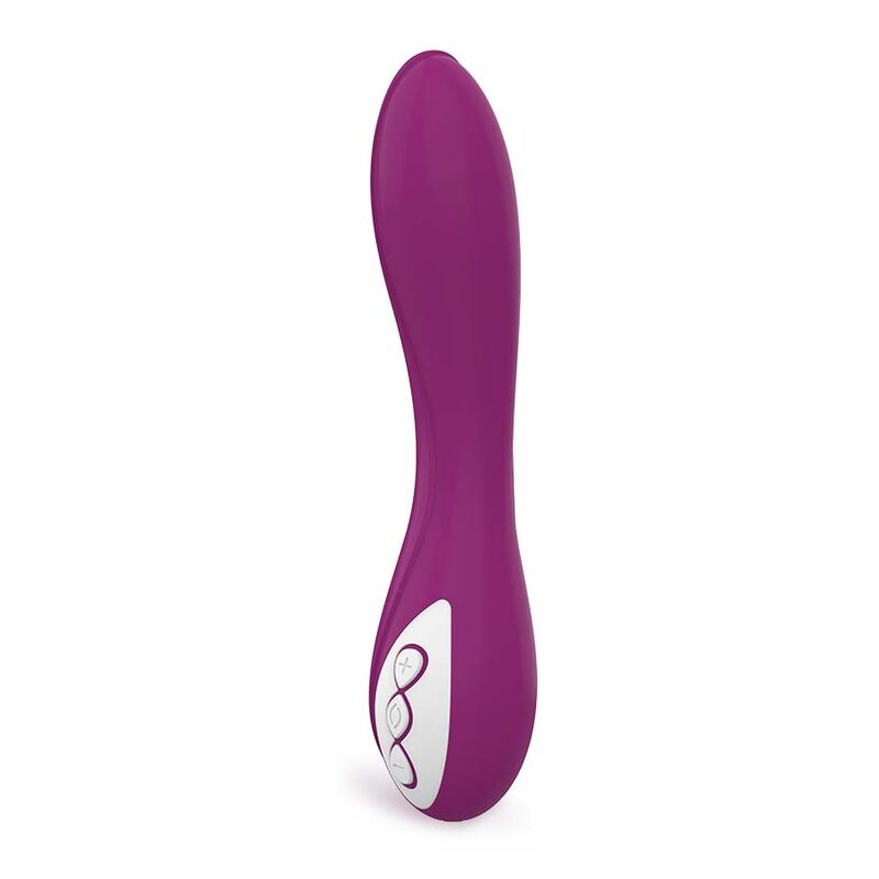 Un juguete para adultos morado, liso y curvo, con un panel de control blanco sobre fondo blanco.