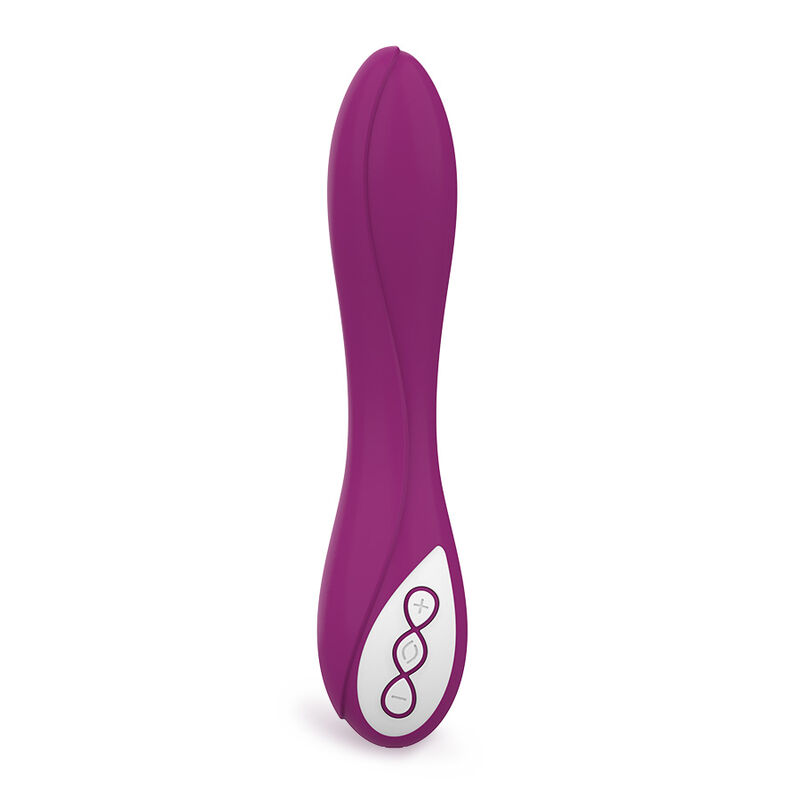 Un dispositivo de bienestar morado, curvo y suave con un panel de control blanco en la base que tiene tres botones.