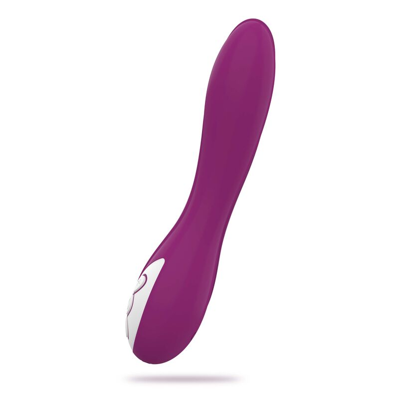 Un masajeador vibratorio morado con botones de control blancos sobre fondo blanco.