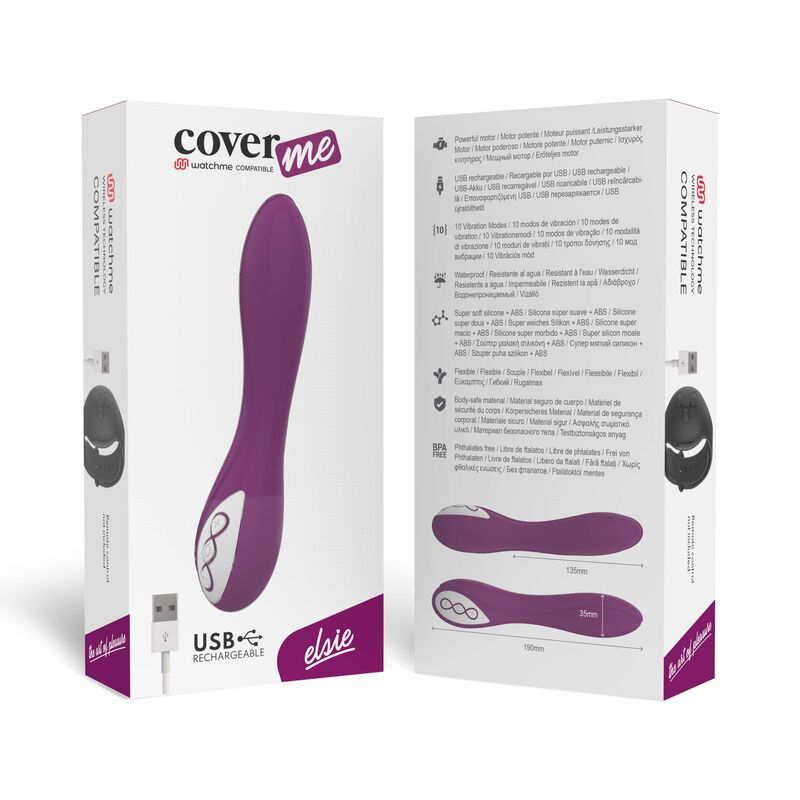 Embalaje de un vibrador Elsie morado, inalambrico y recargable por USB con caracteristicas.