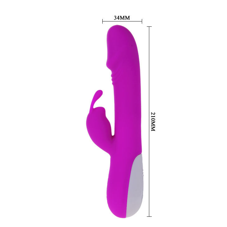 Vibrador morado con dimensiones de 34 mm de ancho y 210 mm de alto sobre fondo blanco.