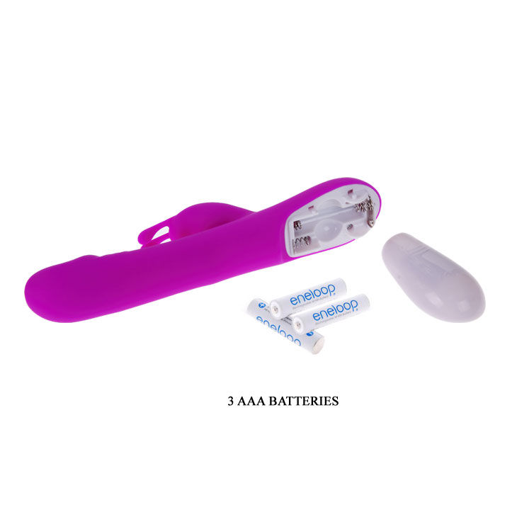 Un dispositivo vibrador morado con tres pilas AAA eneloop y la tapa del compartimento abierta.