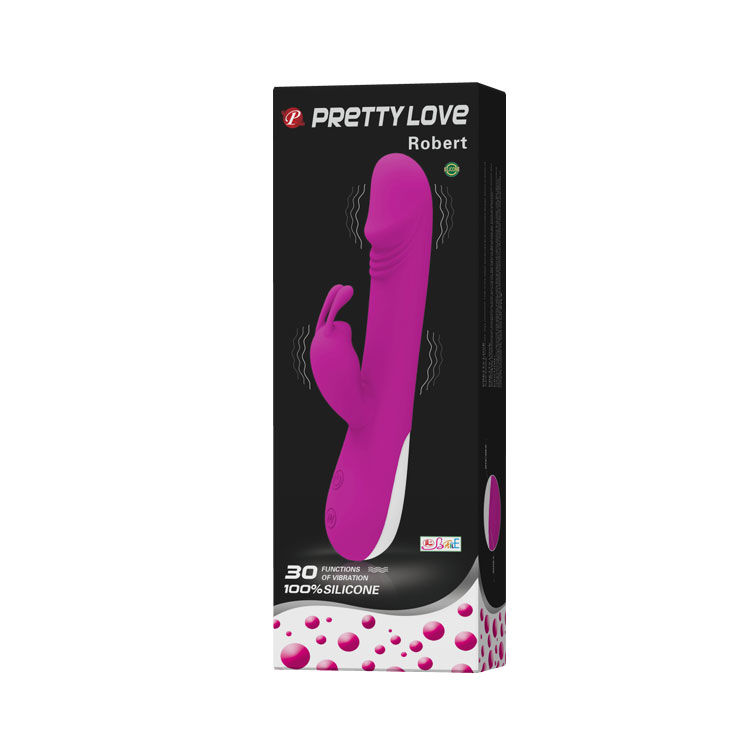 Una caja negra muestra un vibrador de silicona morado llamado Robert con 30 funciones y gráficos de ondas.