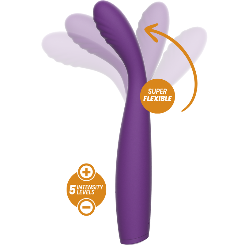 Un vibrador flexible morado con insignias naranjas que indican 5 niveles de intensidad y movimiento flexible.