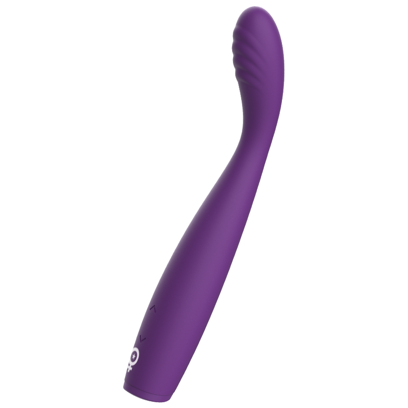 Un vibrador morado con diseño curvo y punta estriada.
