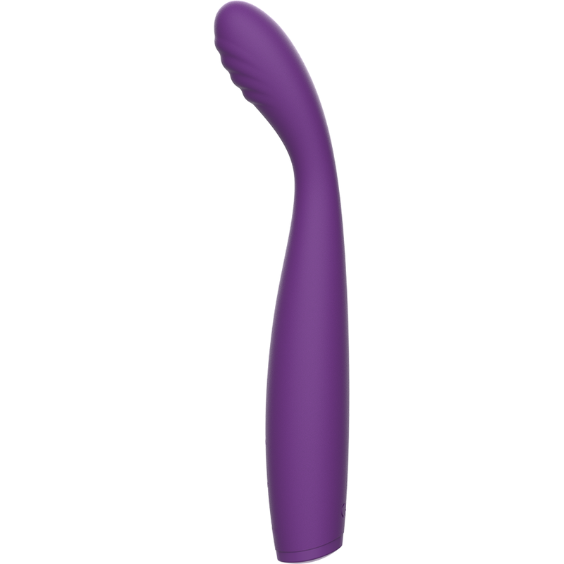 Un masajeador morado y curvo con punta estriada sobre fondo blanco.