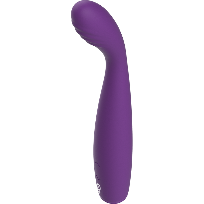 Un juguete para adultos morado y curvado con estrías en la punta redondeada y botones de control en el mango.