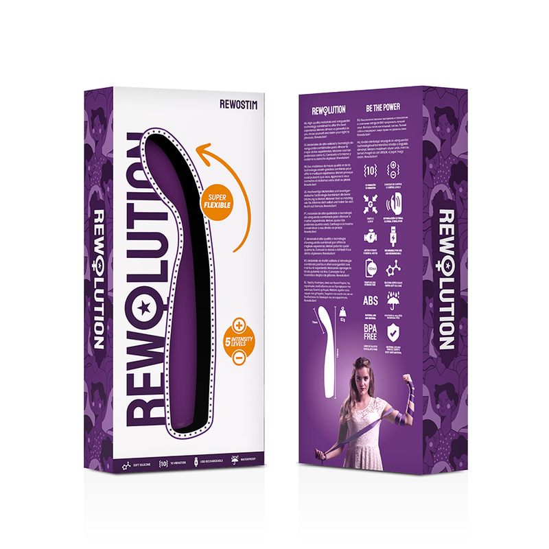 Diseño de empaque de vibrador REVOLUTION morado visto de frente y atrás.