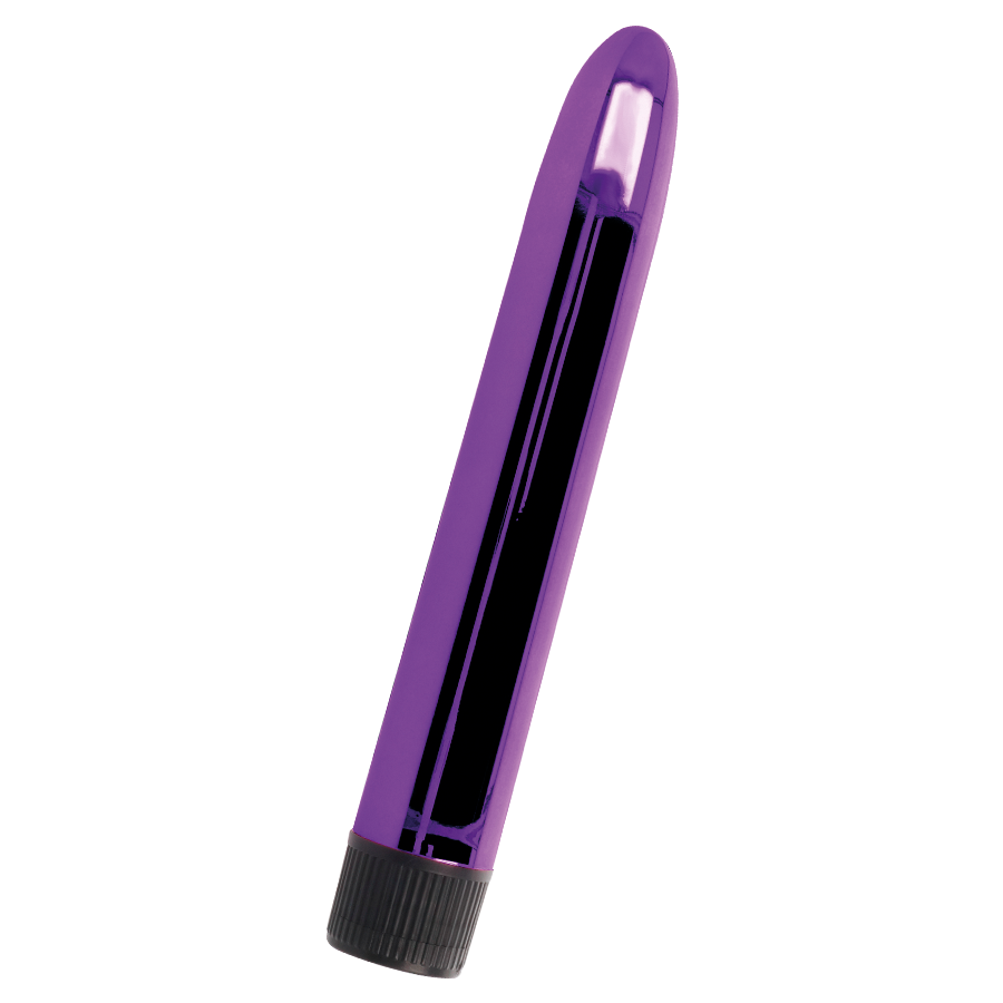 Ein glänzender, violetter Vibrator mit einer gerippten schwarzen Kappe am unteren Ende vor einem weißen Hintergrund.