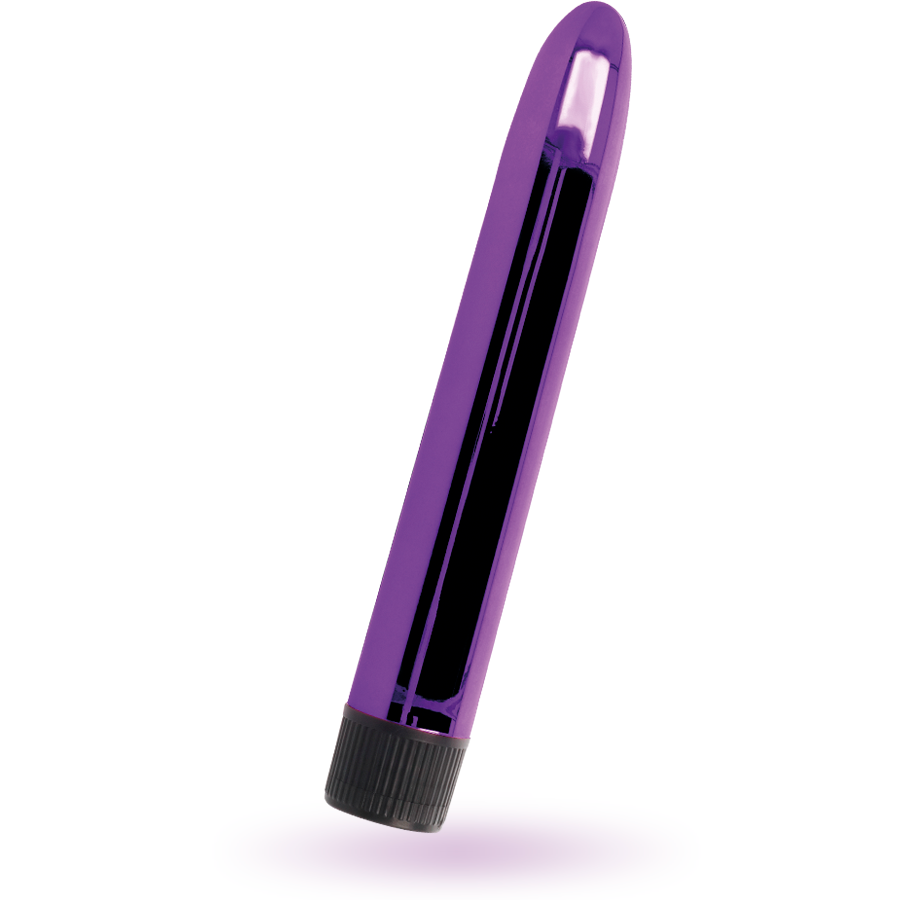 Ein glänzender, violetter Stabvibrator mit einem schwarzen gerippten Boden auf weißem Hintergrund.