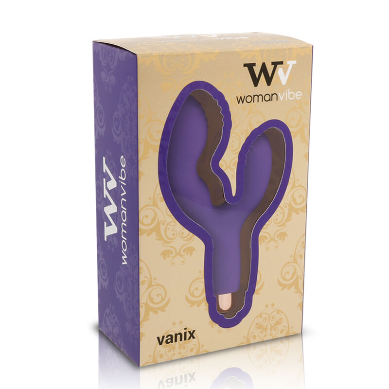Una caja de producto para un juguete sexual morado de WomanVibe con envase dorado y morado, mostrando el artículo.